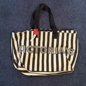 Victoria's Secret Tote Bag Womens Large Black Striped Canvas Zip Shoulder Lined